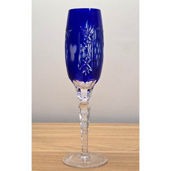 Ajka Marsala Cobalt Blue Cut to Clear Crystal Champagne Flute 9" Tall Barware - Picture 1 of 6